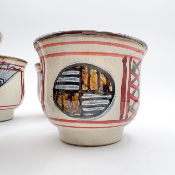 Japanese Hand Painted Okinawa  Tsuboya-yaki Pottery Tea Cups Set of Four w Birds - Picture 4 of 12